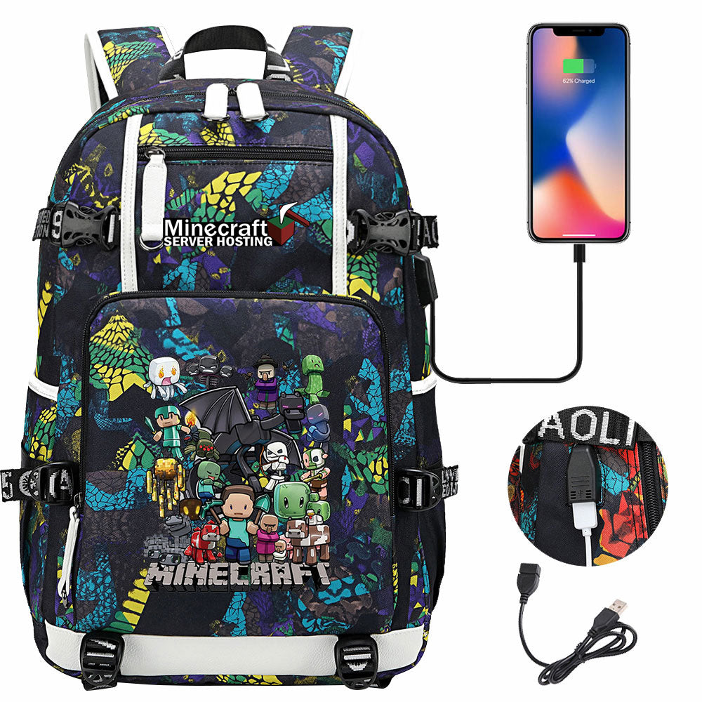 Minecraft USB Charging Backpack School NoteBook Laptop Travel Bags