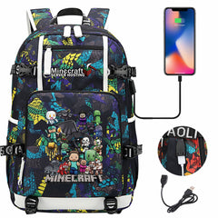 Minecraft USB Charging Backpack School NoteBook Laptop Travel Bags