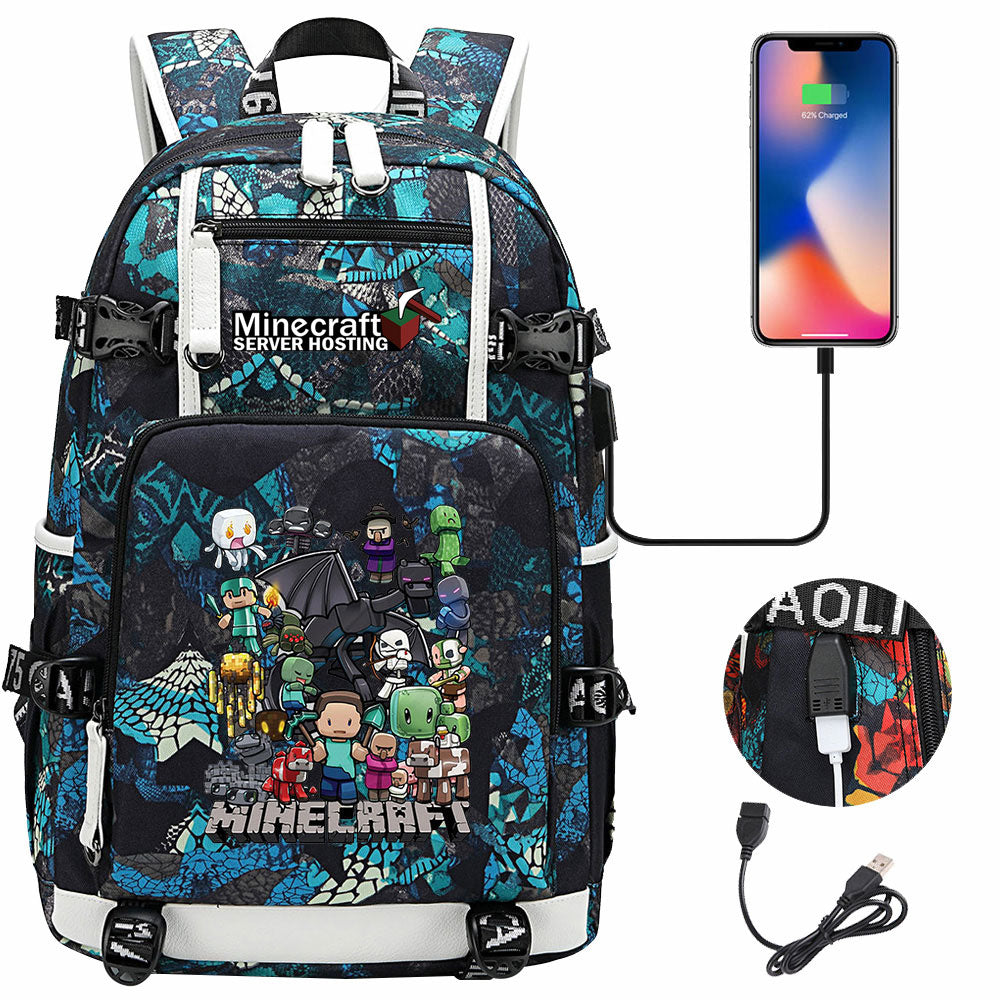 Minecraft USB Charging Backpack School NoteBook Laptop Travel Bags