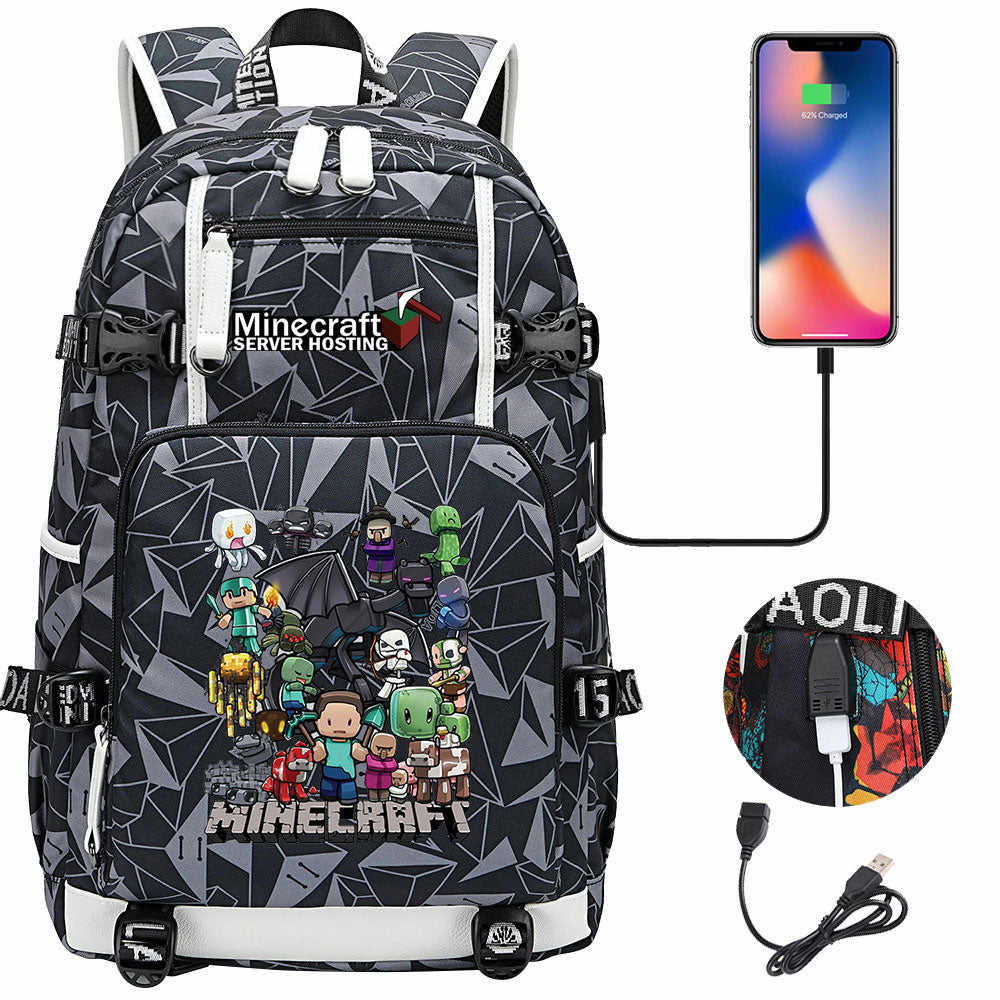 Minecraft USB Charging Backpack School NoteBook Laptop Travel Bags