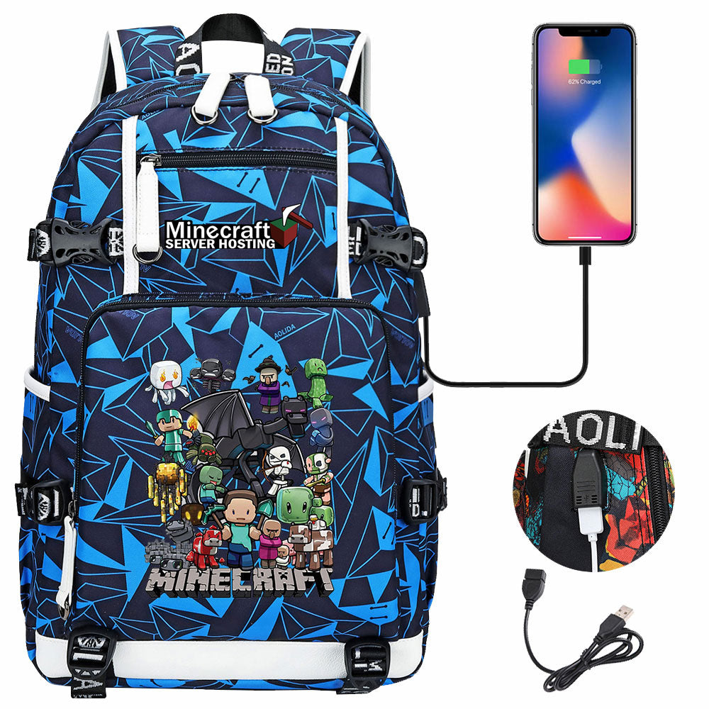 Minecraft USB Charging Backpack School NoteBook Laptop Travel Bags