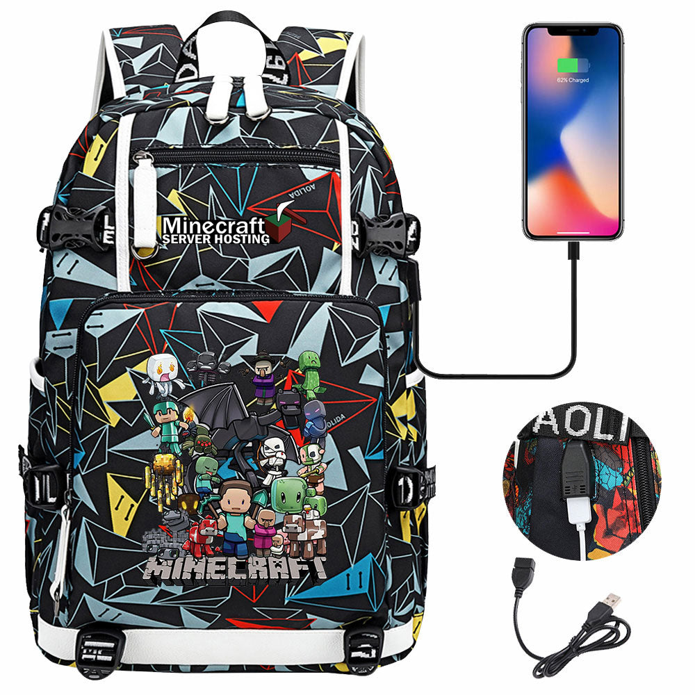 Minecraft USB Charging Backpack School NoteBook Laptop Travel Bags