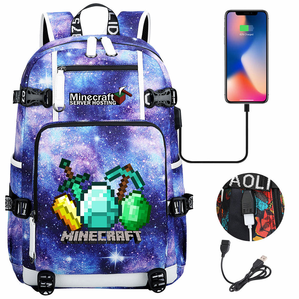 Minecraft USB Charging Backpack School NoteBook Laptop Travel Bags