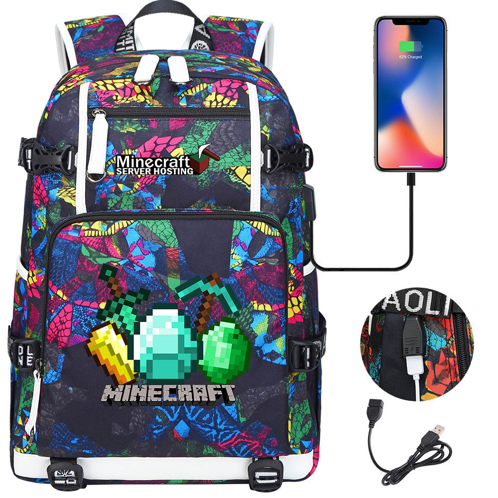 Minecraft USB Charging Backpack School NoteBook Laptop Travel Bags