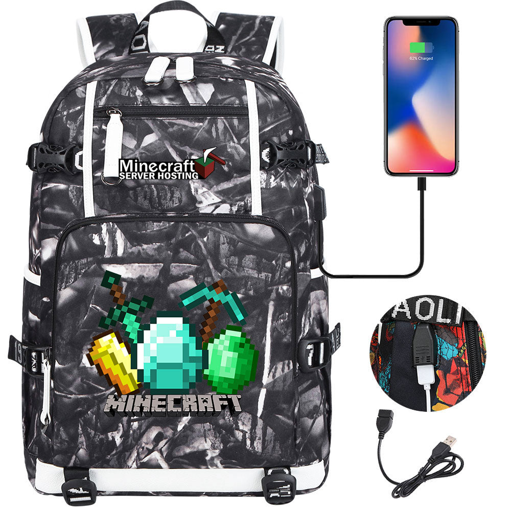Minecraft USB Charging Backpack School NoteBook Laptop Travel Bags