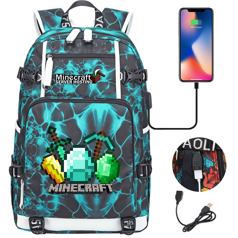 Minecraft USB Charging Backpack School NoteBook Laptop Travel Bags