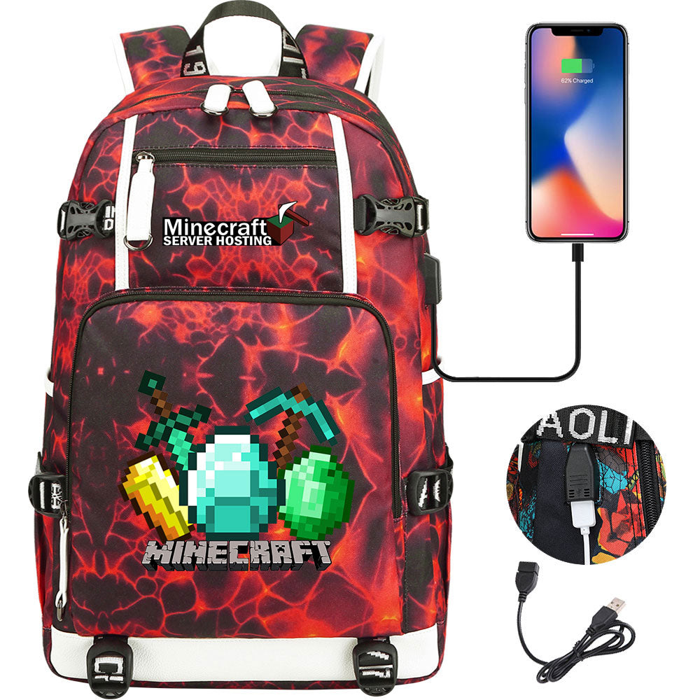 Minecraft USB Charging Backpack School NoteBook Laptop Travel Bags