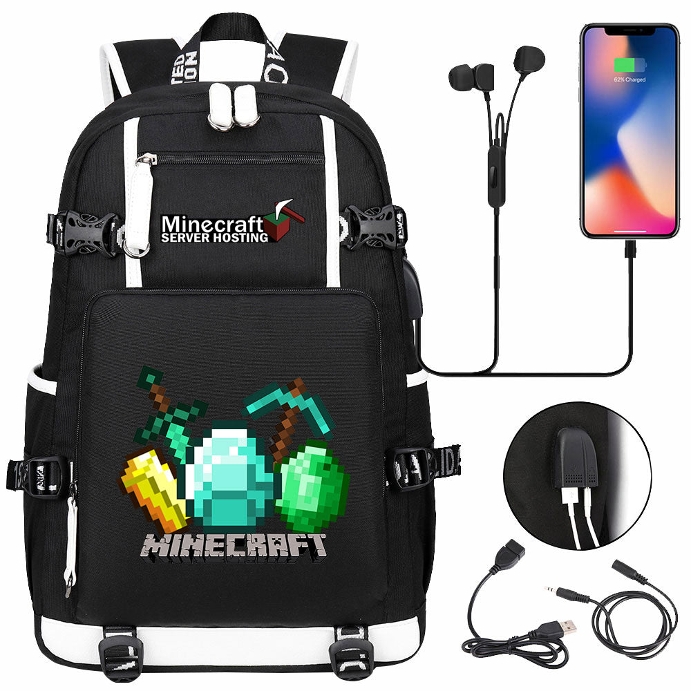 Minecraft USB Charging Backpack School NoteBook Laptop Travel Bags