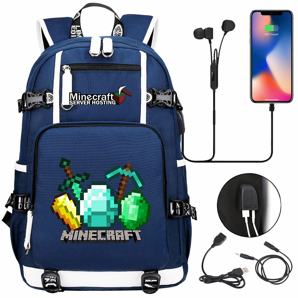 Minecraft USB Charging Backpack School NoteBook Laptop Travel Bags