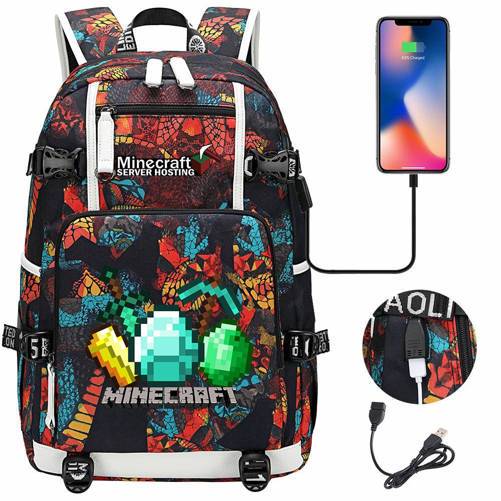 Minecraft USB Charging Backpack School NoteBook Laptop Travel Bags