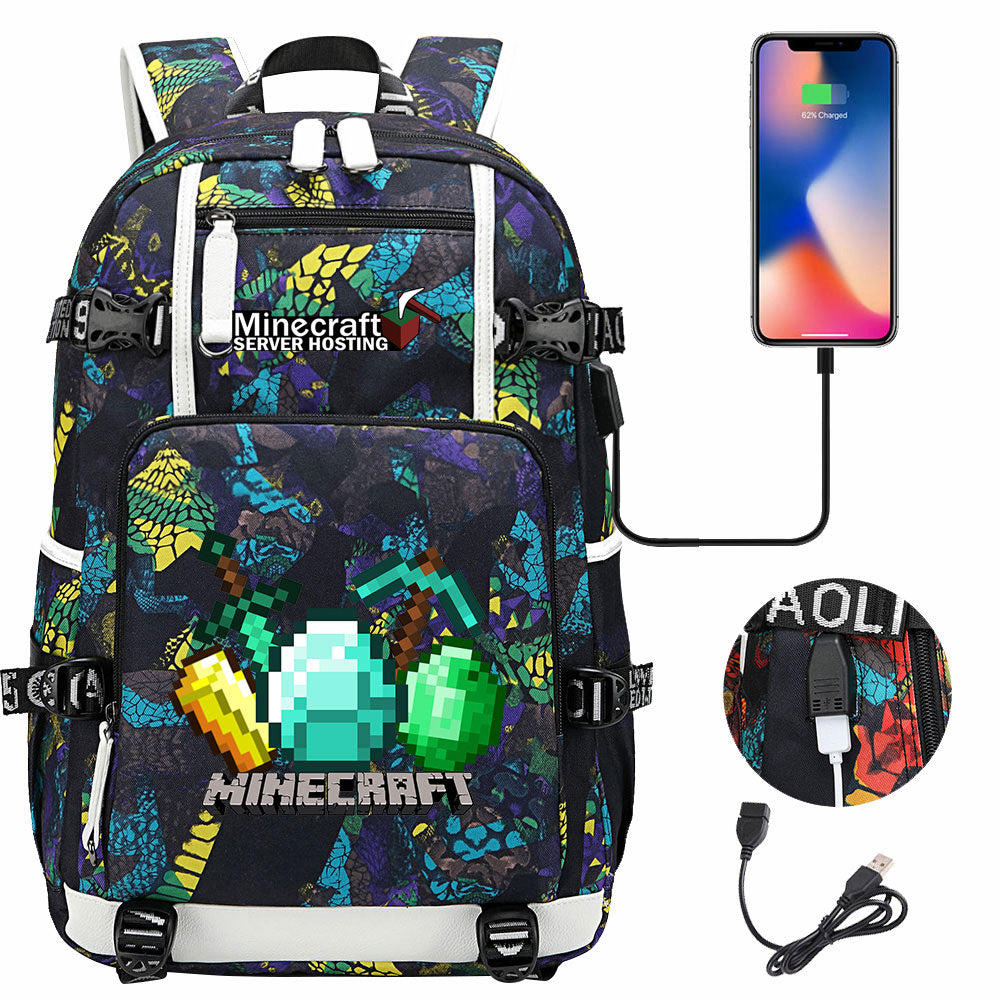 Minecraft USB Charging Backpack School NoteBook Laptop Travel Bags
