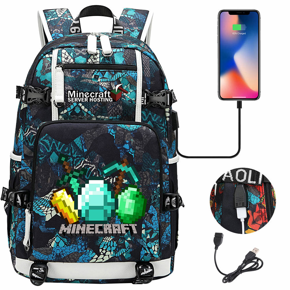 Minecraft USB Charging Backpack School NoteBook Laptop Travel Bags