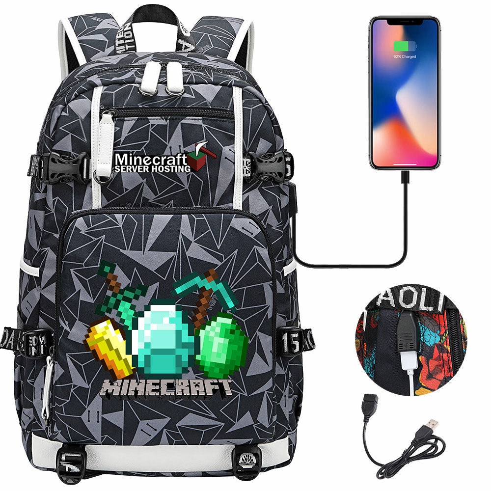 Minecraft USB Charging Backpack School NoteBook Laptop Travel Bags