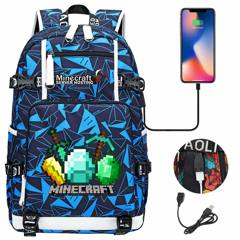 Minecraft USB Charging Backpack School NoteBook Laptop Travel Bags