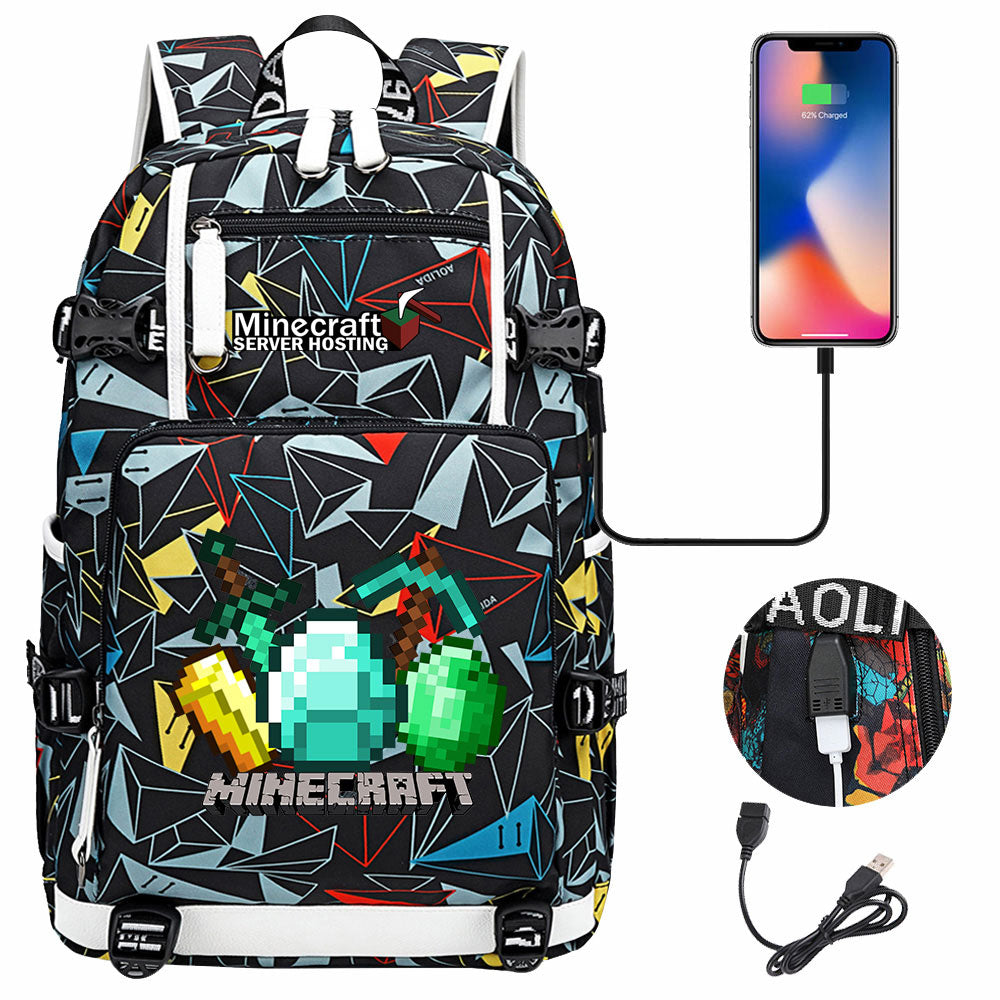 Minecraft USB Charging Backpack School NoteBook Laptop Travel Bags