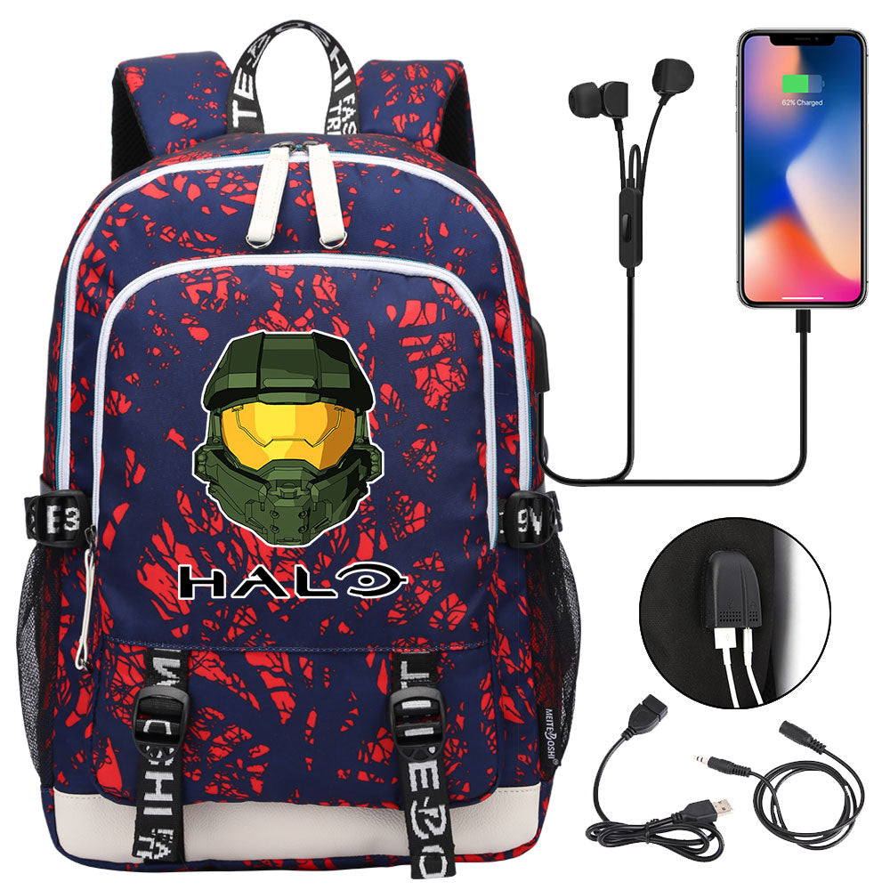 Halo Infinite USB Charging Backpack School Note Book Laptop Travel Bags