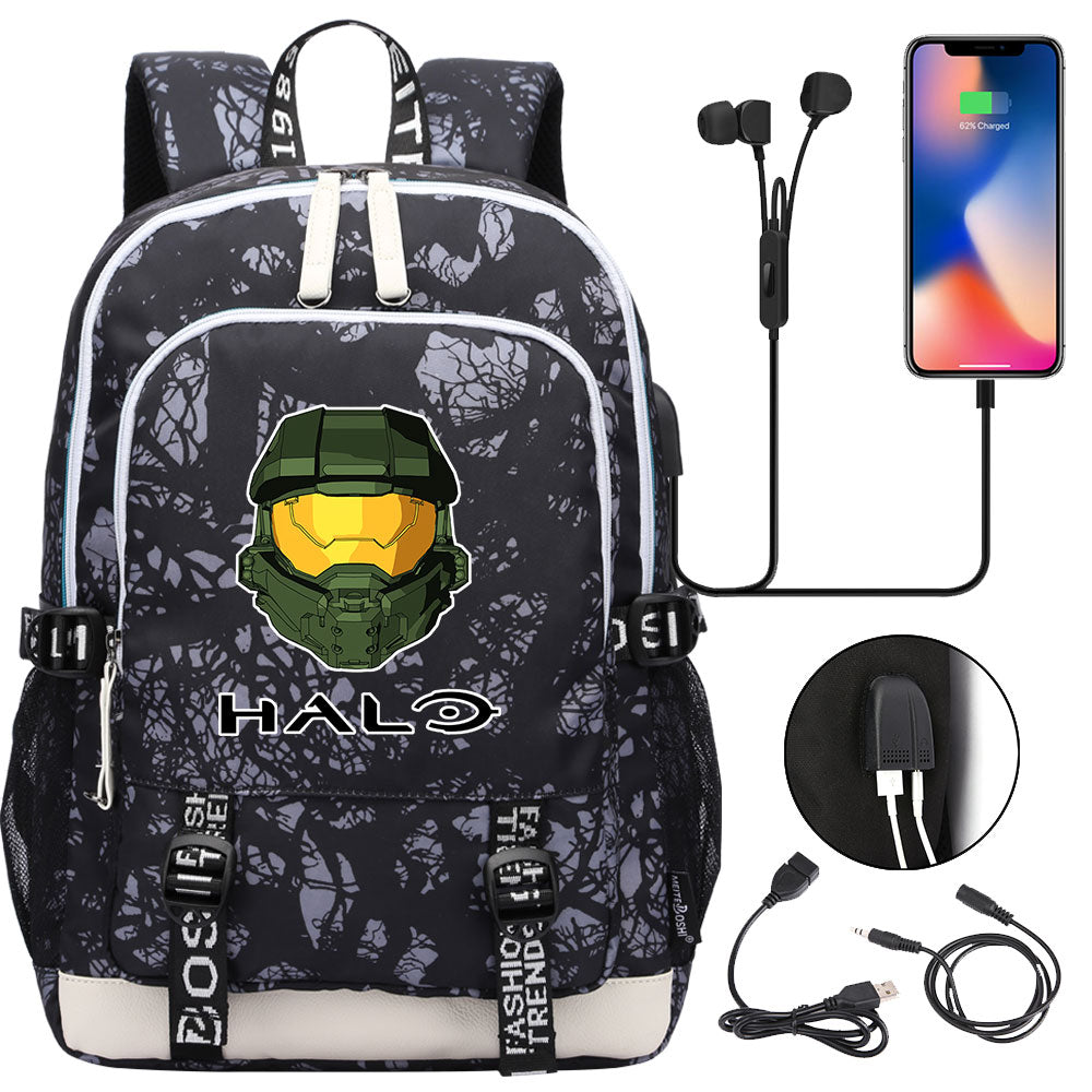 Halo Infinite USB Charging Backpack School Note Book Laptop Travel Bags