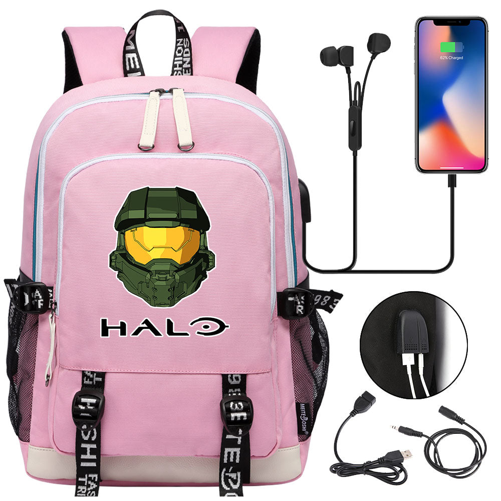 Halo Infinite USB Charging Backpack School Note Book Laptop Travel Bags