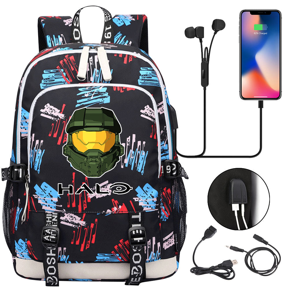 Halo Infinite USB Charging Backpack School Note Book Laptop Travel Bags
