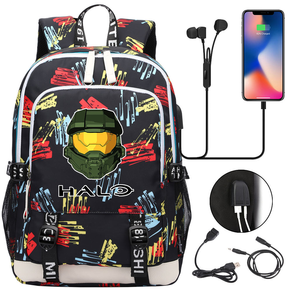 Halo Infinite USB Charging Backpack School Note Book Laptop Travel Bags