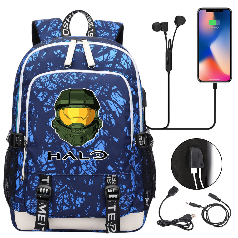 Halo Infinite USB Charging Backpack School Note Book Laptop Travel Bags