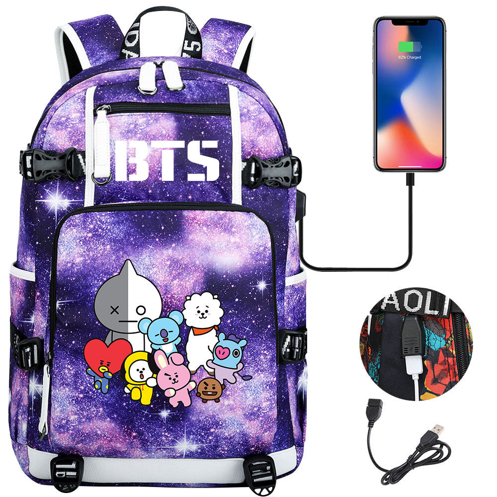 BTS Cartoon USB Charging Backpack School NoteBook Laptop Travel Bags
