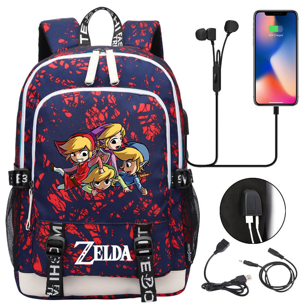 Zelda USB Charging Backpack School Note Book Laptop Travel Bags