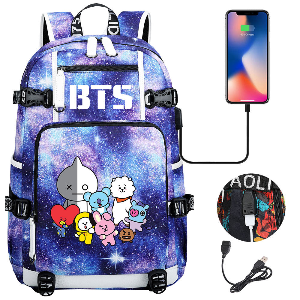 BTS Cartoon USB Charging Backpack School NoteBook Laptop Travel Bags