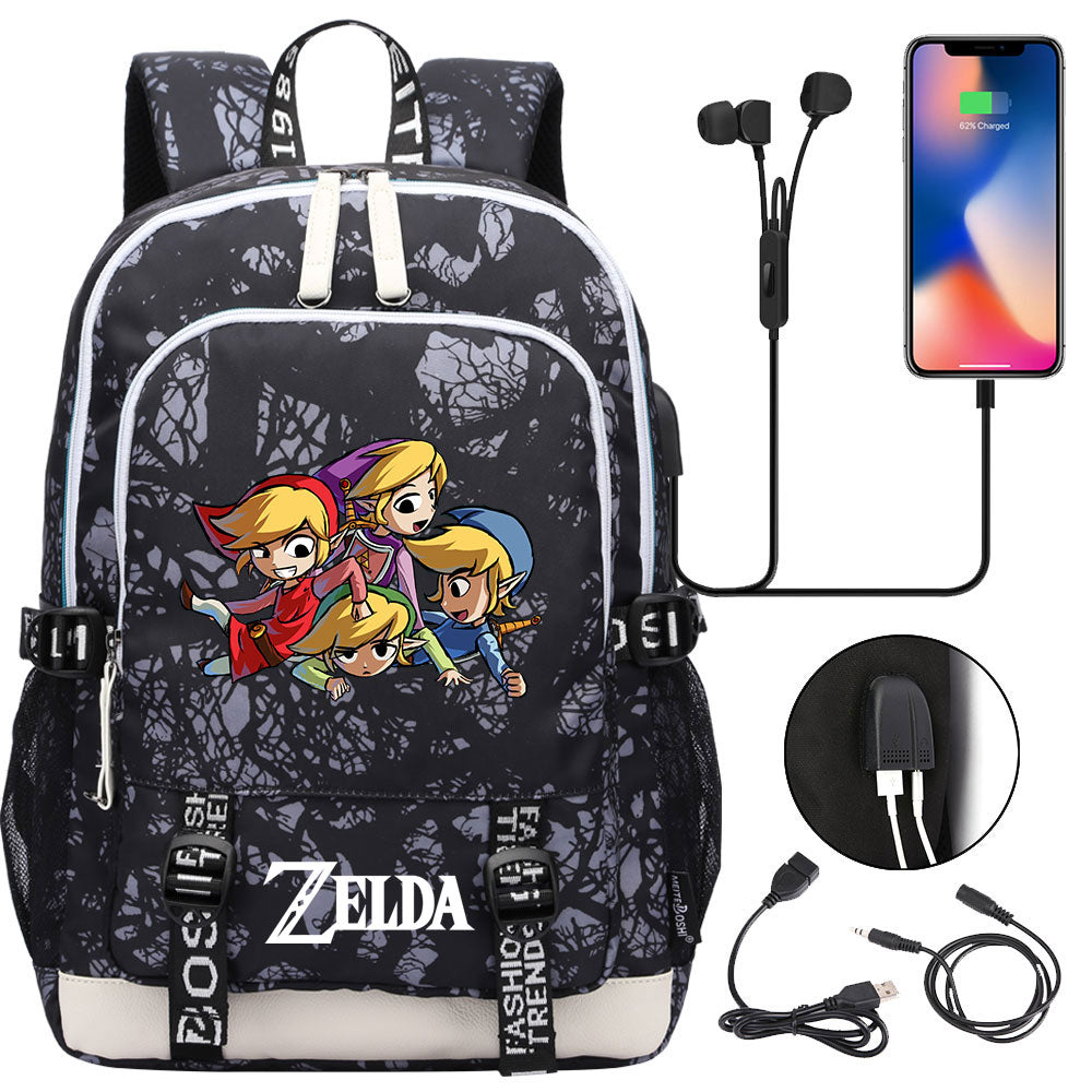 Zelda USB Charging Backpack School Note Book Laptop Travel Bags