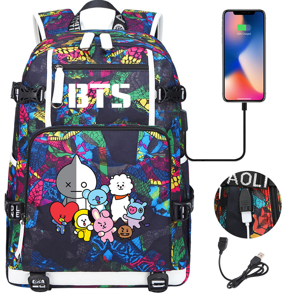 BTS Cartoon USB Charging Backpack School NoteBook Laptop Travel Bags