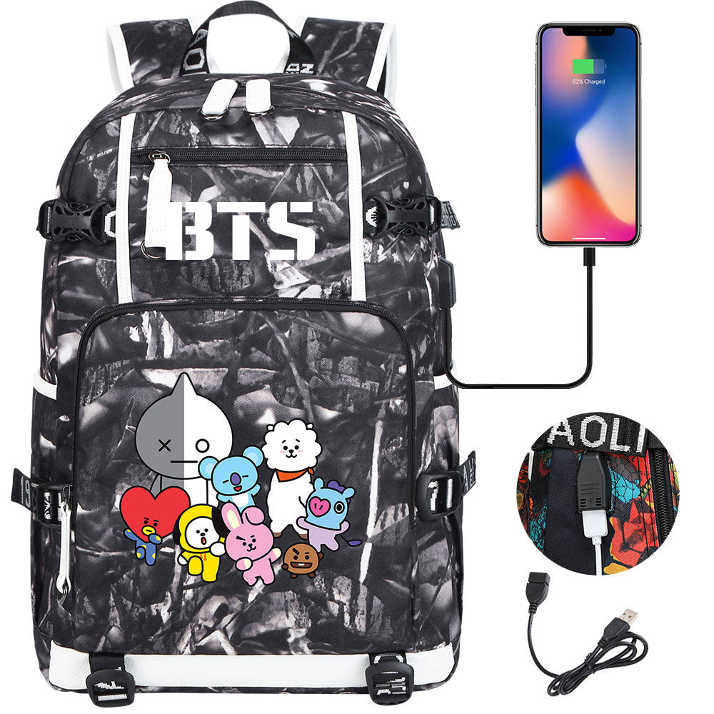 BTS Cartoon USB Charging Backpack School NoteBook Laptop Travel Bags