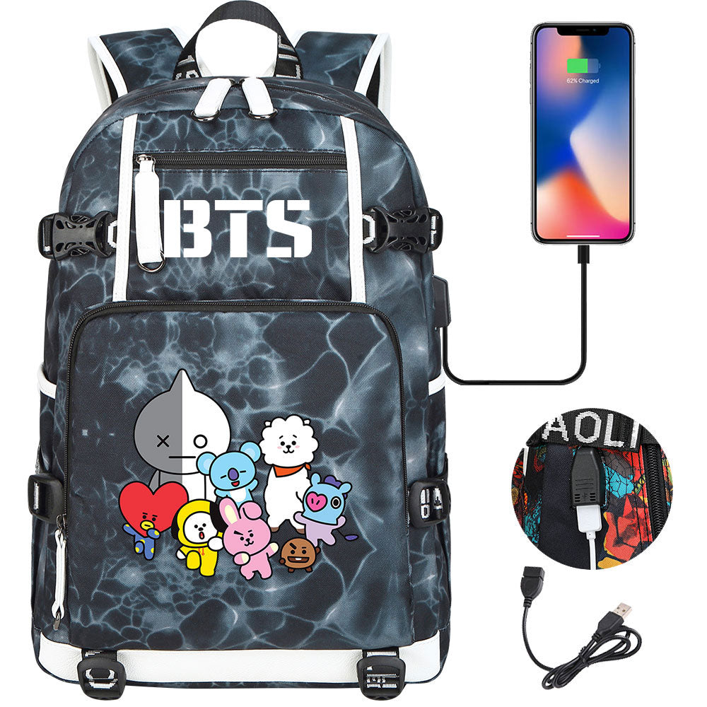 BTS Cartoon USB Charging Backpack School NoteBook Laptop Travel Bags