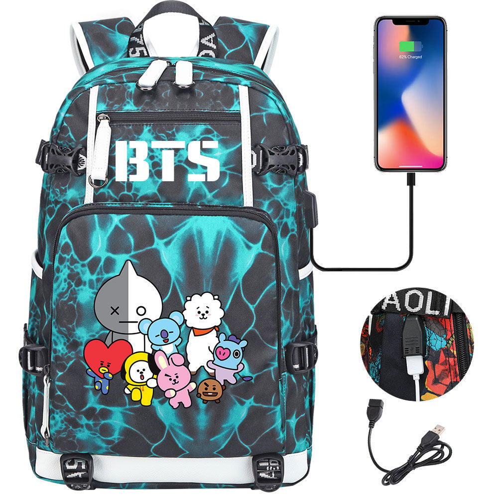 BTS Cartoon USB Charging Backpack School NoteBook Laptop Travel Bags