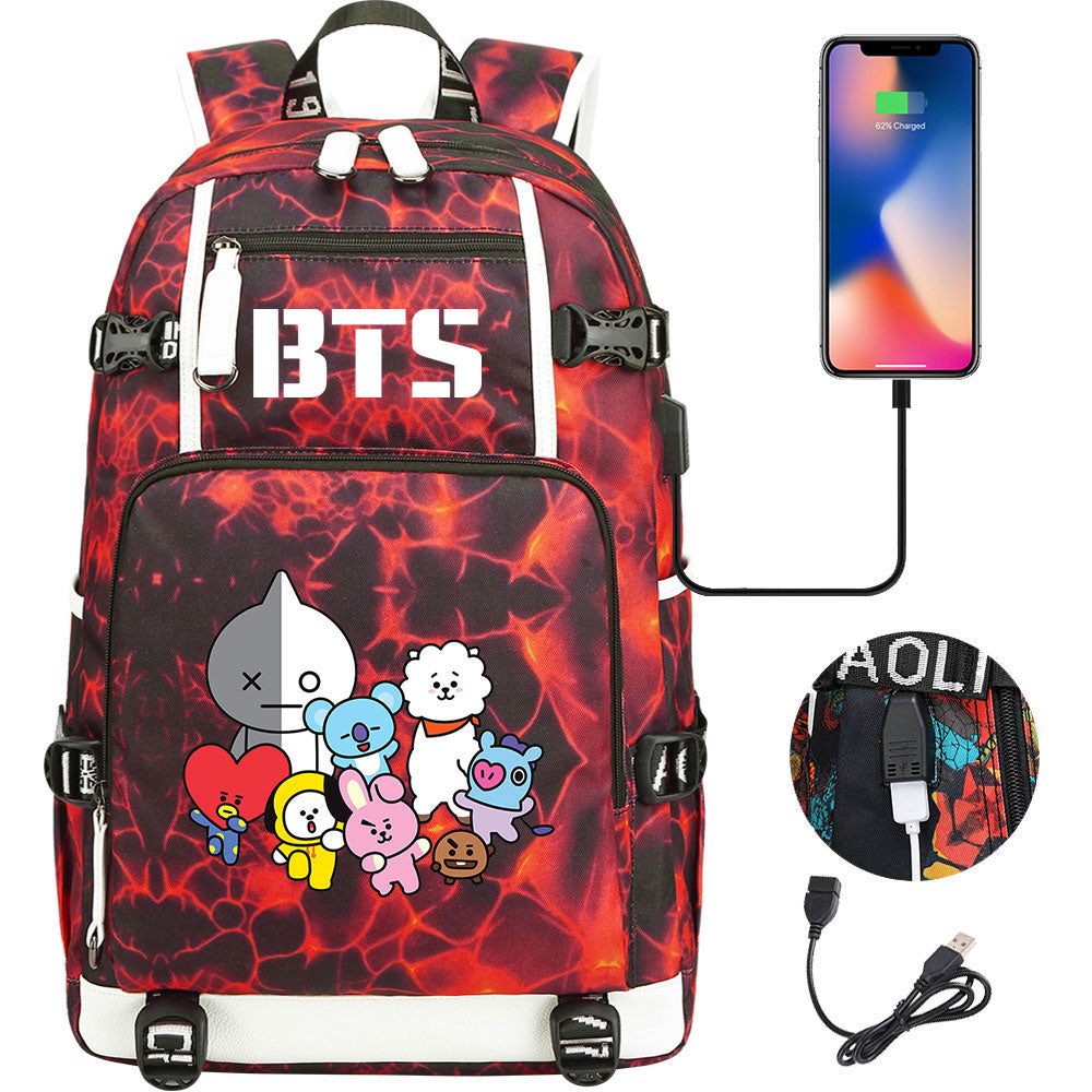 BTS Cartoon USB Charging Backpack School NoteBook Laptop Travel Bags