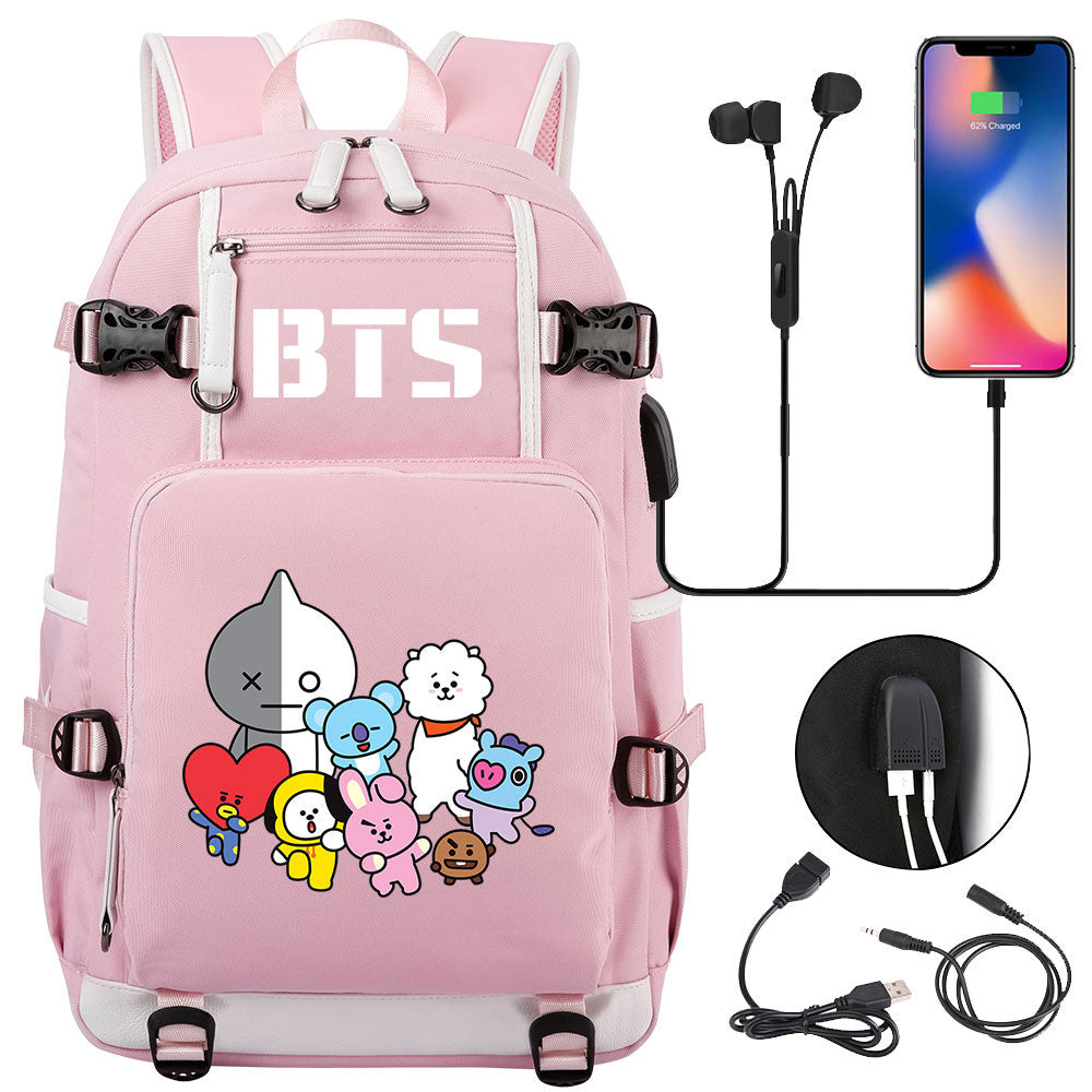 BTS Cartoon USB Charging Backpack School NoteBook Laptop Travel Bags