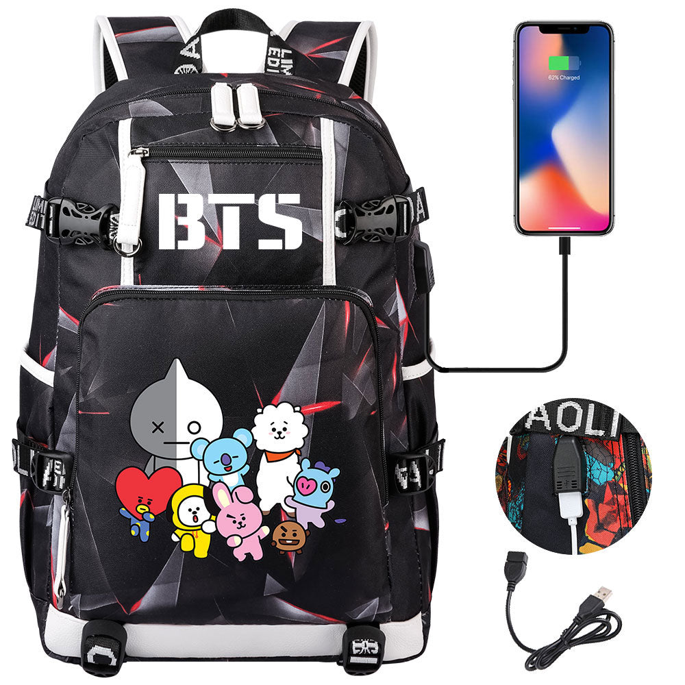 BTS Cartoon USB Charging Backpack School NoteBook Laptop Travel Bags