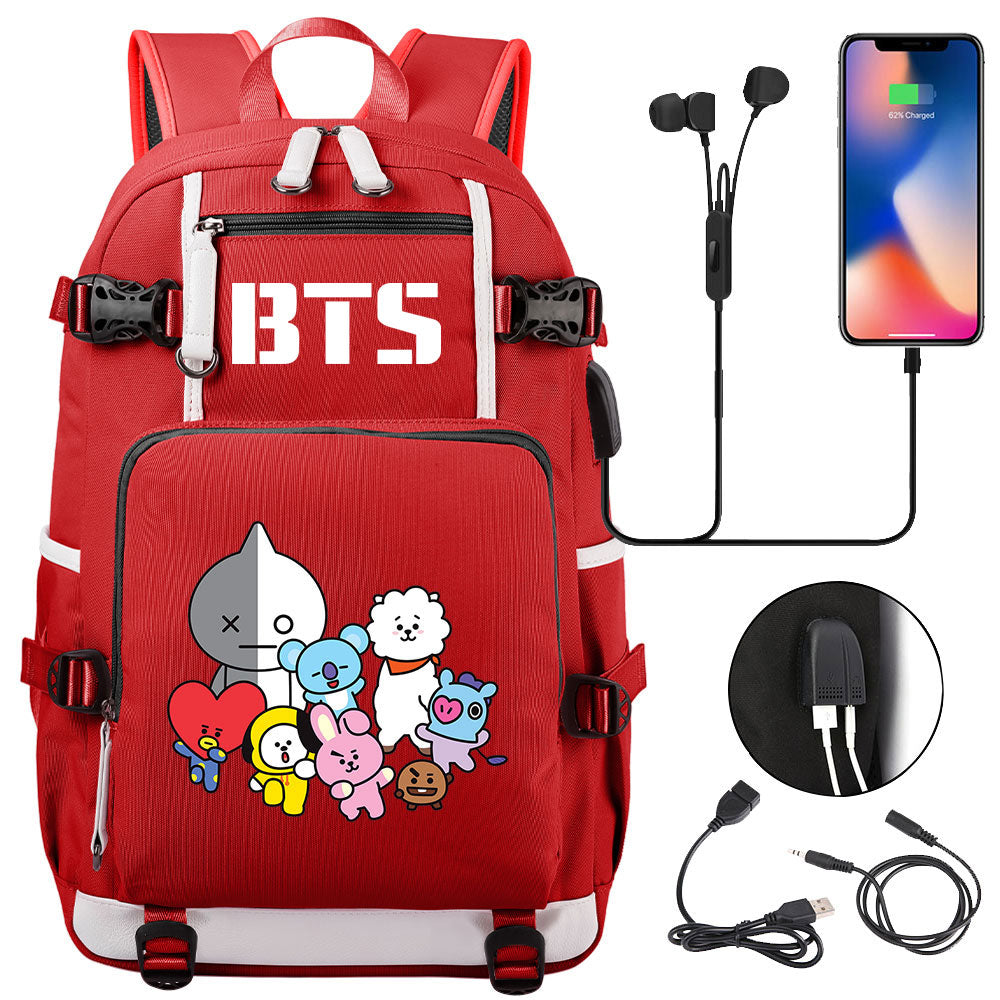 BTS Cartoon USB Charging Backpack School NoteBook Laptop Travel Bags
