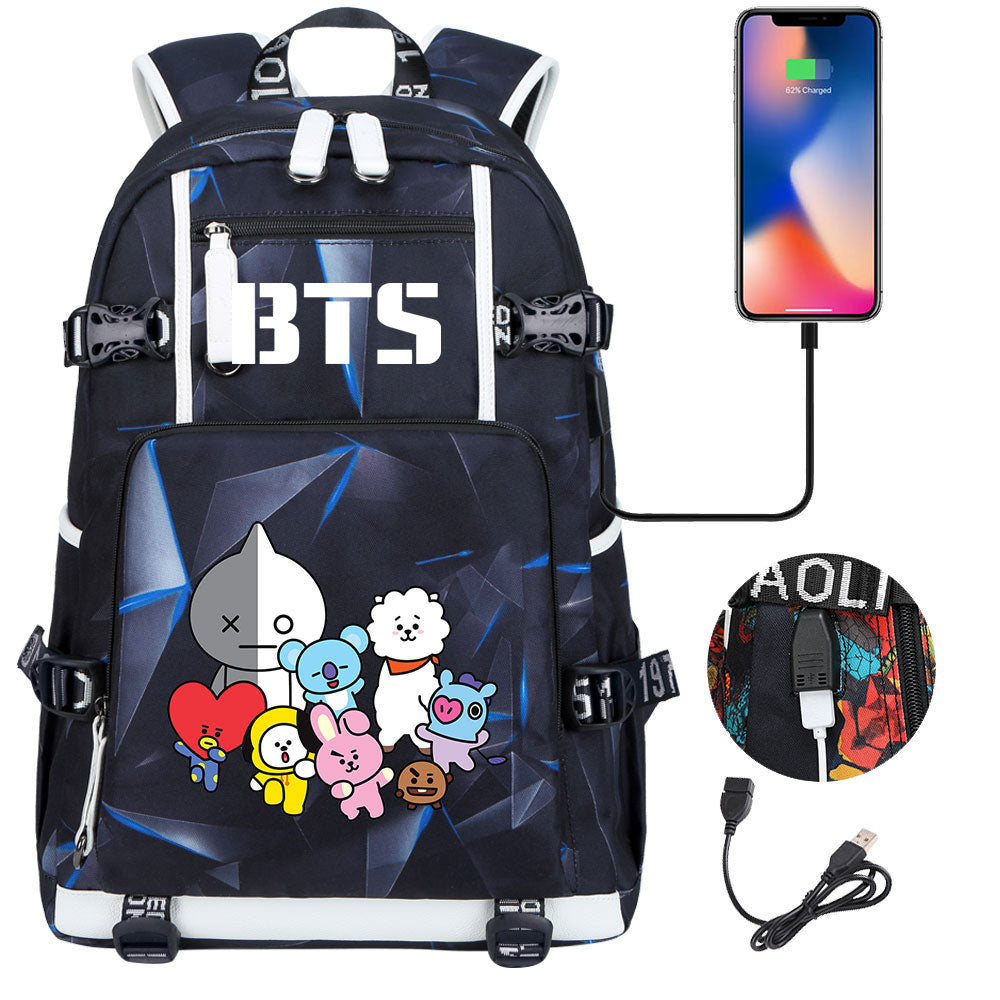 BTS Cartoon USB Charging Backpack School NoteBook Laptop Travel Bags