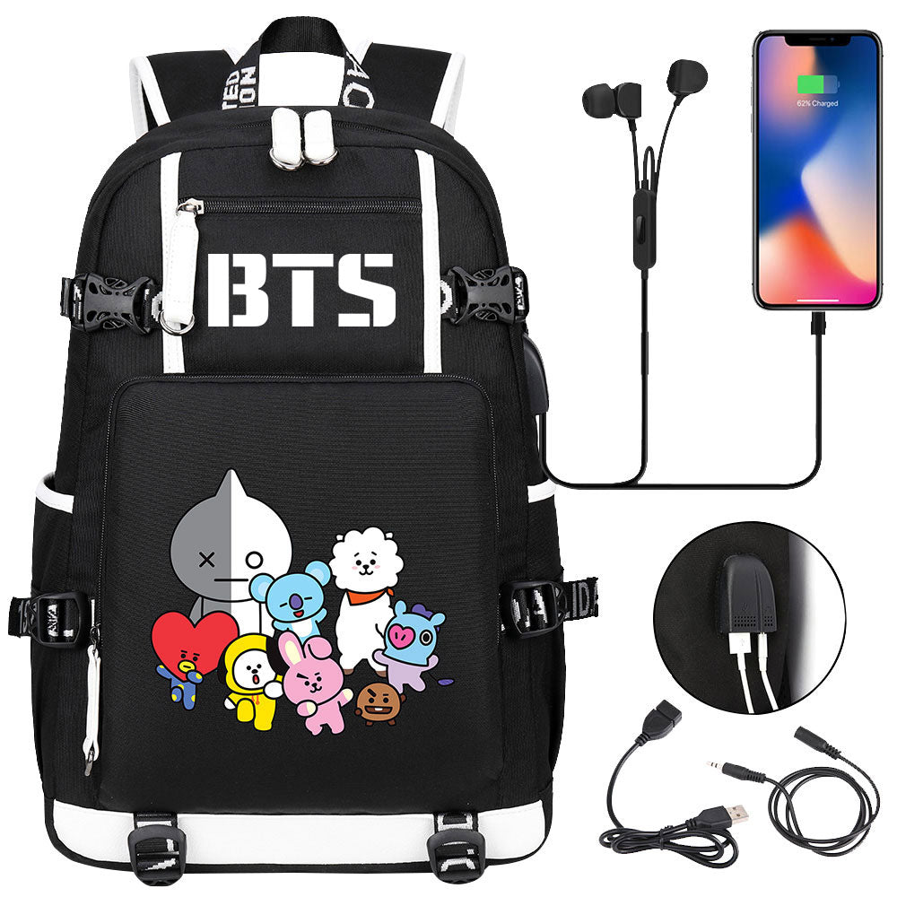 BTS Cartoon USB Charging Backpack School NoteBook Laptop Travel Bags