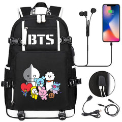 BTS Cartoon USB Charging Backpack School NoteBook Laptop Travel Bags