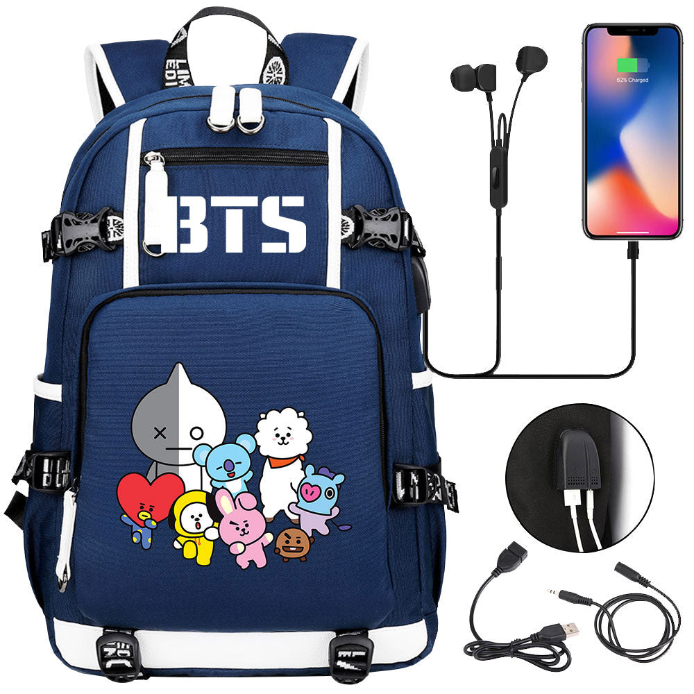 BTS Cartoon USB Charging Backpack School NoteBook Laptop Travel Bags