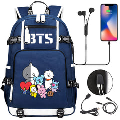 BTS Cartoon USB Charging Backpack School NoteBook Laptop Travel Bags