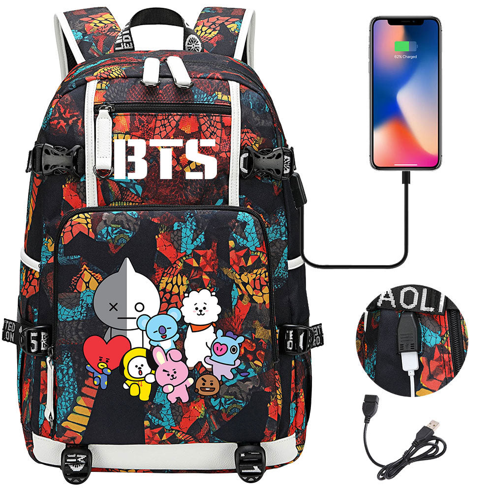 BTS Cartoon USB Charging Backpack School NoteBook Laptop Travel Bags