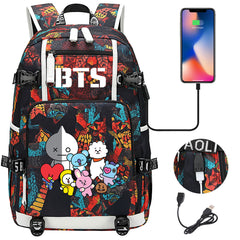 BTS Cartoon USB Charging Backpack School NoteBook Laptop Travel Bags