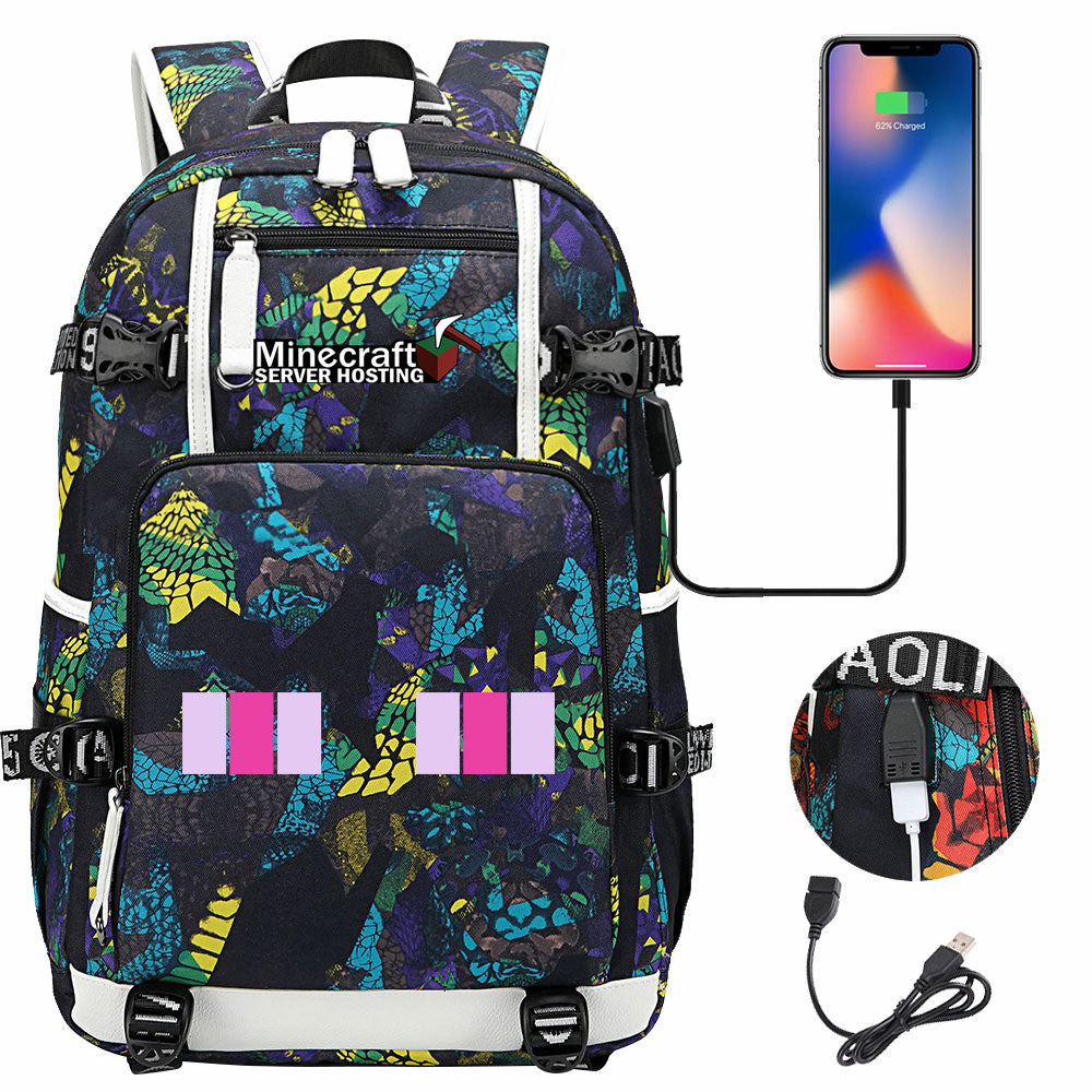 Minecraft USB Charging Backpack School NoteBook Laptop Travel Bags