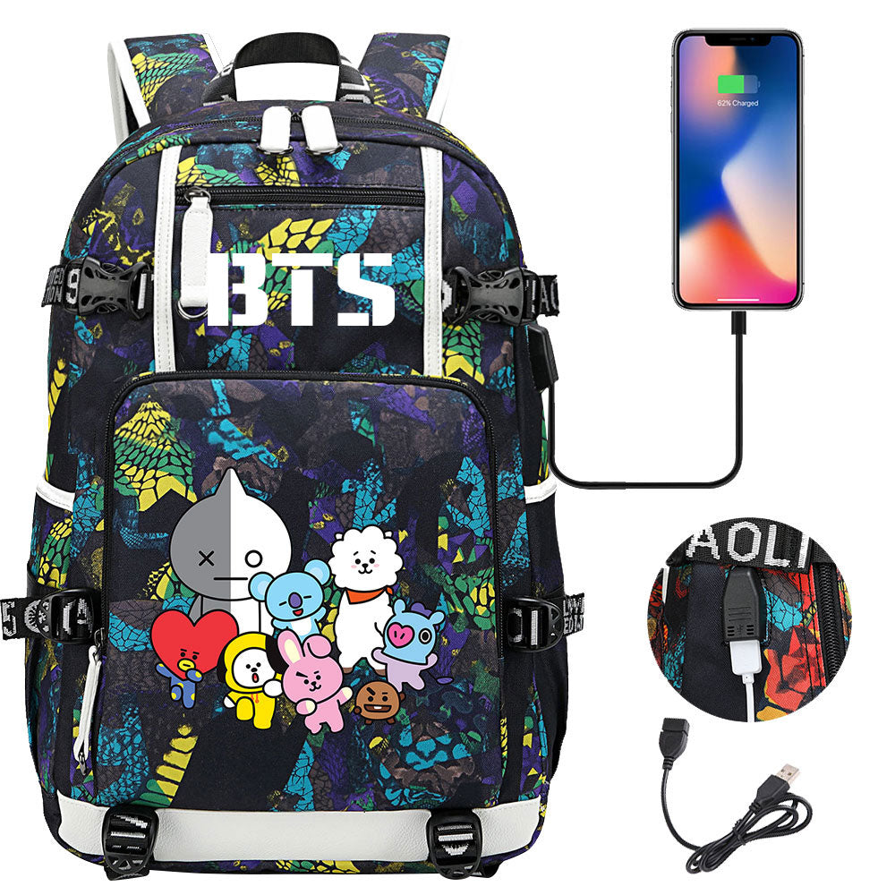 BTS Cartoon USB Charging Backpack School NoteBook Laptop Travel Bags