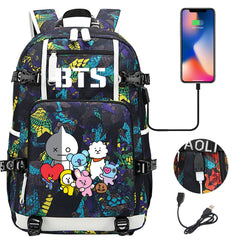 BTS Cartoon USB Charging Backpack School NoteBook Laptop Travel Bags