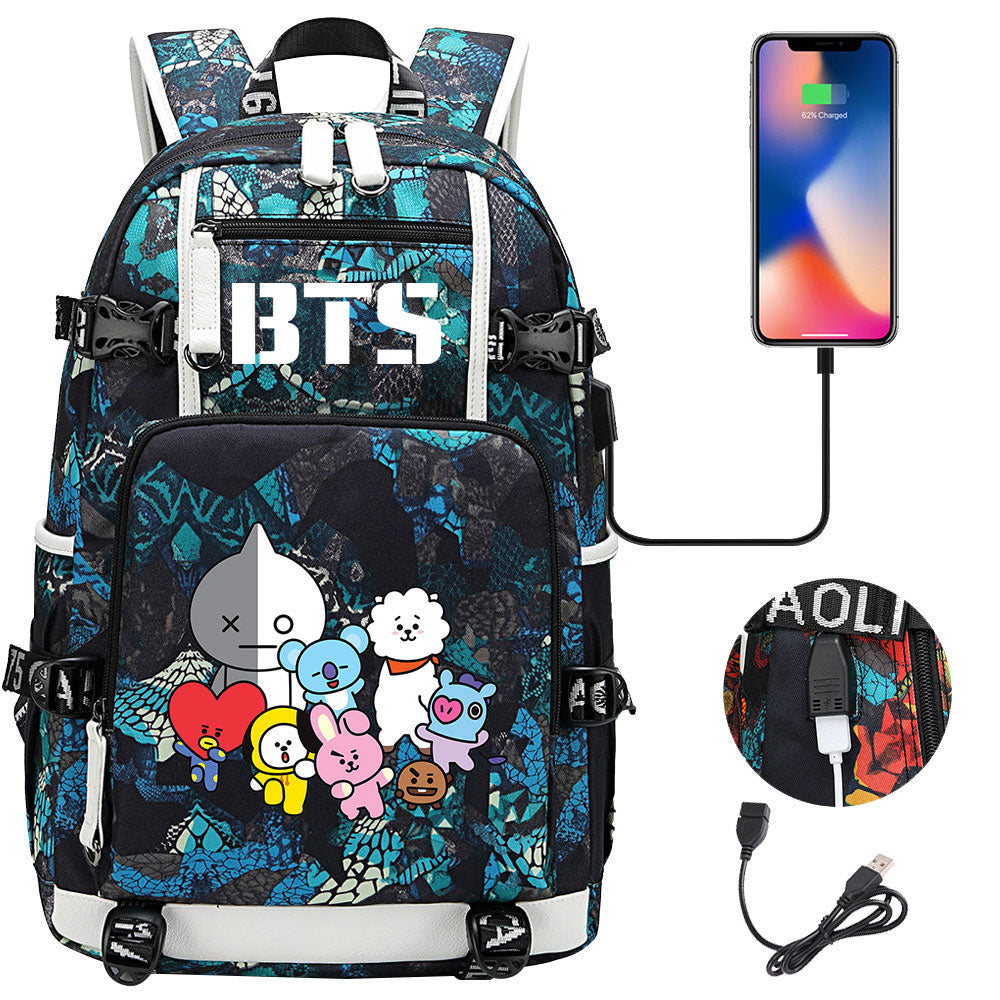 BTS Cartoon USB Charging Backpack School NoteBook Laptop Travel Bags