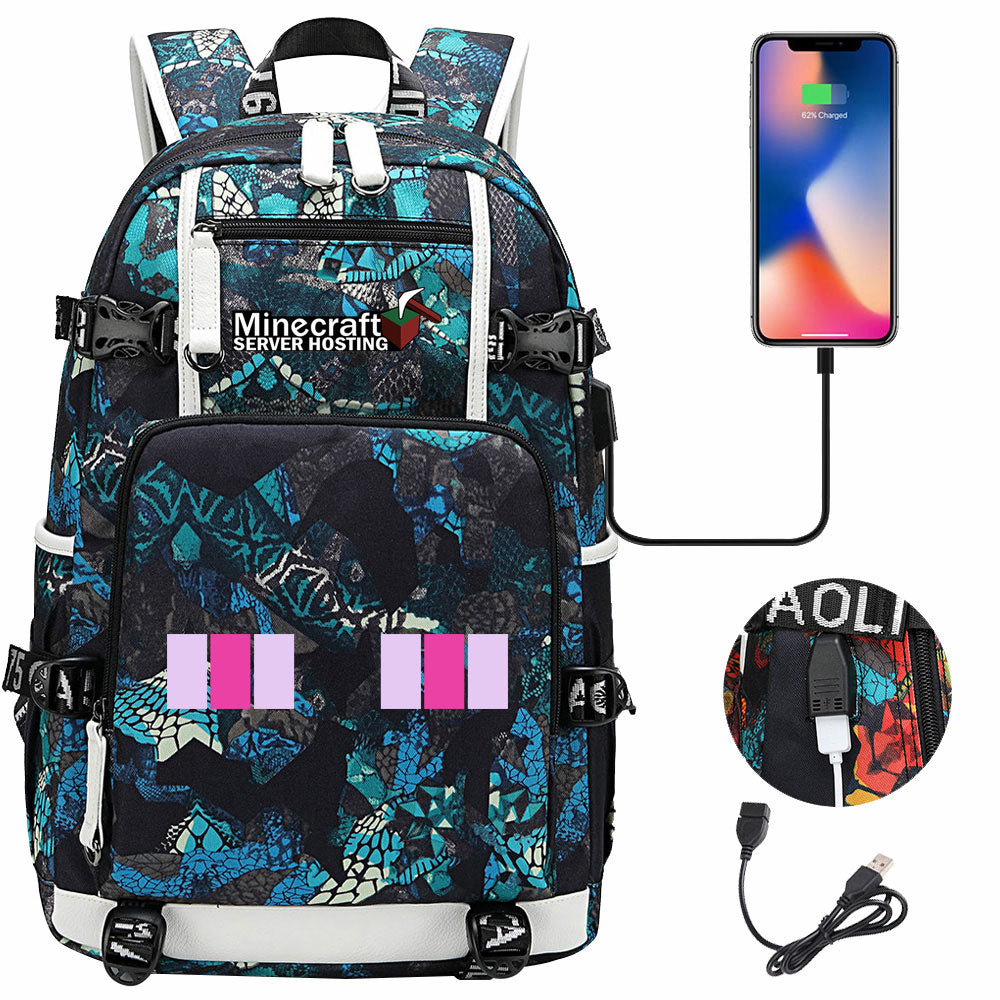Minecraft USB Charging Backpack School NoteBook Laptop Travel Bags