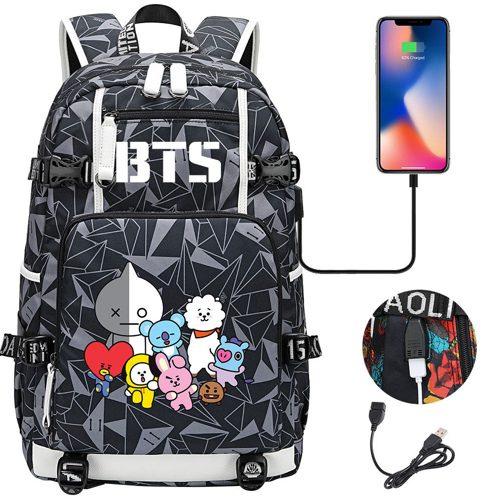 BTS Cartoon USB Charging Backpack School NoteBook Laptop Travel Bags